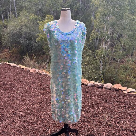 Vintage Norma Kamali dress sequined sequin teal Turquoise mermaid sz L paillete - Picture 5 of 17